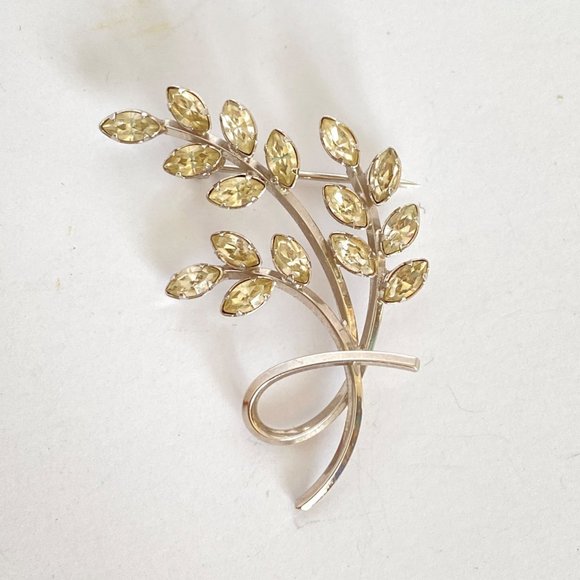 Star Art Retro Crystal Rhinestone Silver Leaf Spray Brooch Pin Marked Sterling - Picture 2 of 8